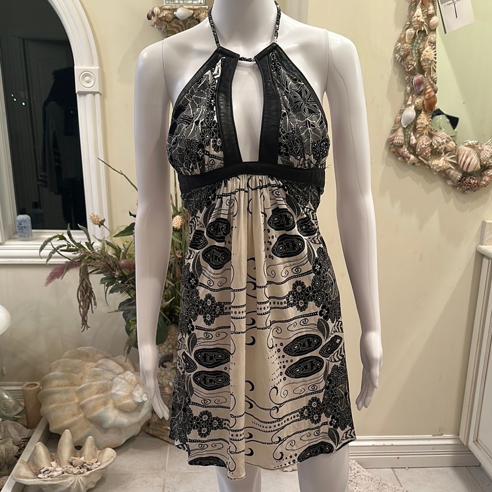 Chic Bohemian Halter Dress - Black and Cream with leather trim